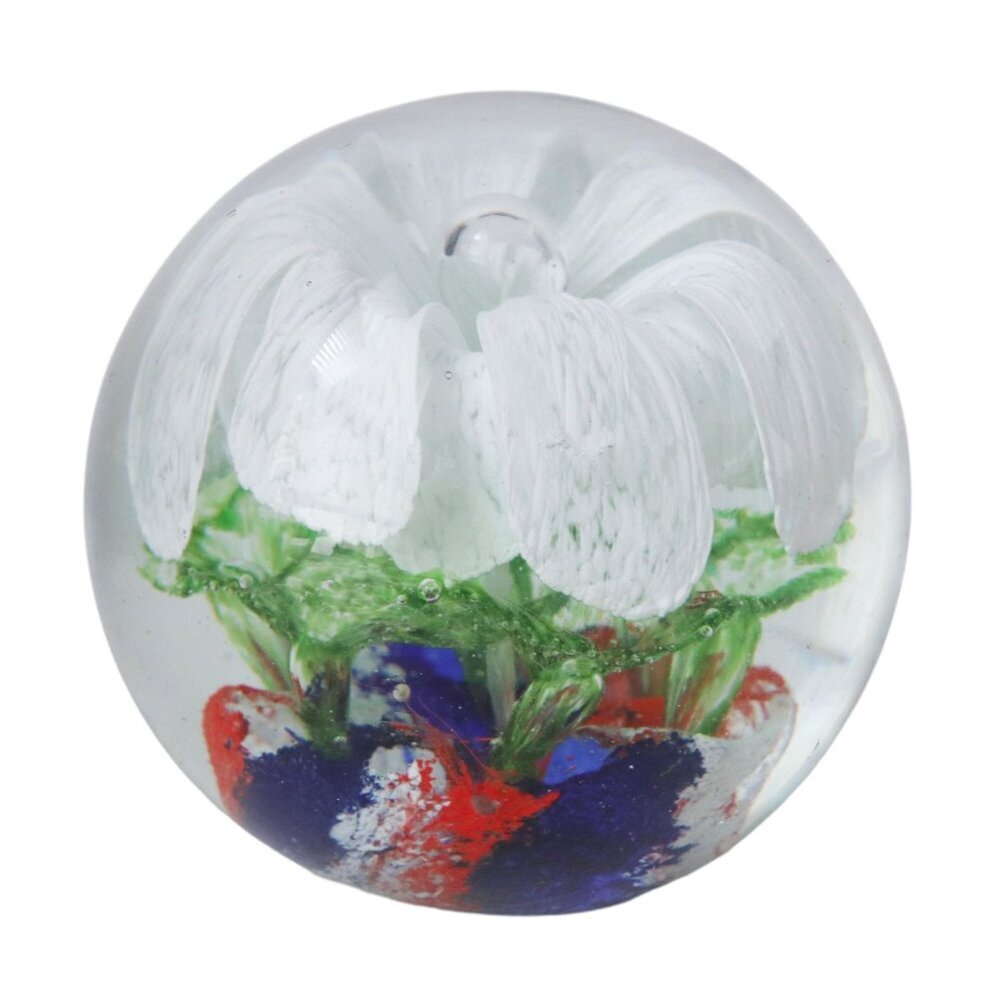 Large Handblown Art Glass Paperweight With White Flower Design & Multicolor Base